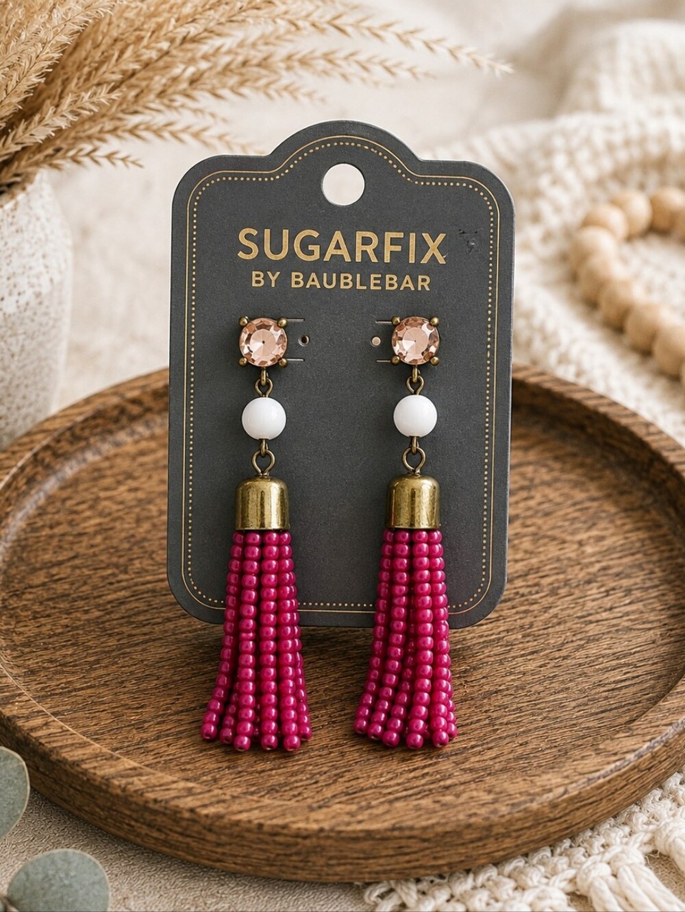 BaubleBar Fuchsia Beaded Tassel Drop Earrings with Pink Crystal Studs